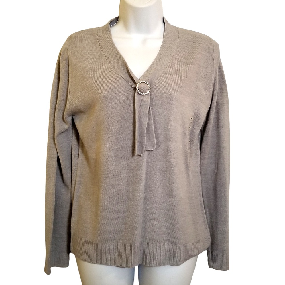 RAISEY Embellished Sweater Top L Gray V‑Neck Rhinestone Trim Long Sleeve